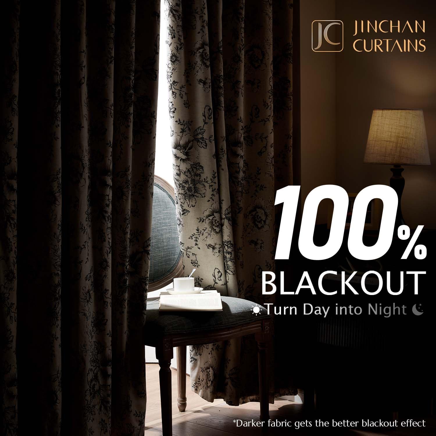 jinchan Black Floral Linen Blackout Curtains 72 Inch Back Tab 2 Panels