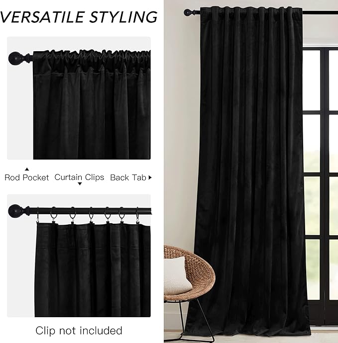 RYB HOME Black Velvet Curtains 108 inch, Blackout Window Curtains with Pleat Tape on Top for Bedroom Thermal Insulated Privacy Ceiling Drapes for Living Room, W52 x L108 inch, 2 Panels