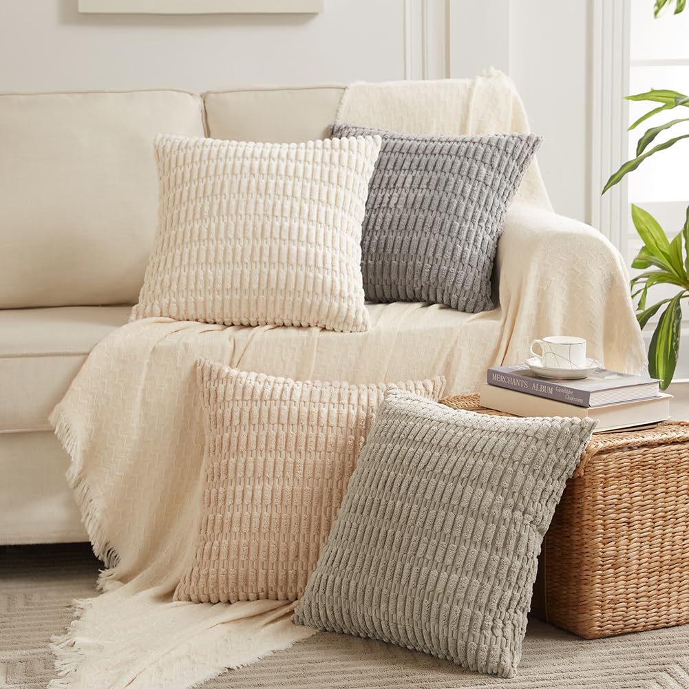 Fancy Homi 4 Packs Decorative Throw Pillow Covers for Living Room Couch Bed, Modern Farmhouse Boho Home Décor Accent Cushion Case, 16" x 16", Tan