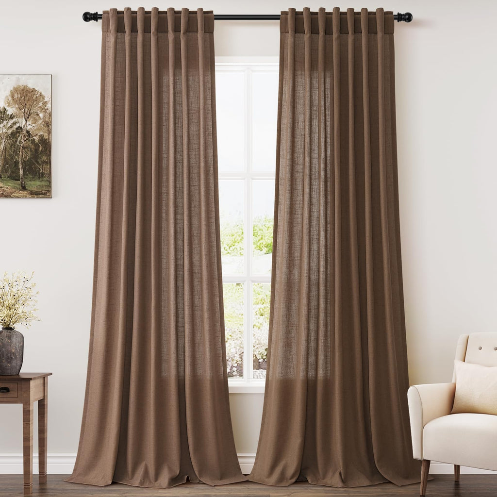 Nanspring Caramel Brown Linen Curtains for Living Room 92 Inches Long Back Tab Light Filtering Semi Sheer Vintage Rustic Curtain Luxury Boho Decor Drapes for Bedroom Office 52x92, 2 Panels