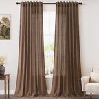 Nanspring Caramel Brown Linen Curtains for Living Room 92 Inches Long Back Tab Light Filtering Semi Sheer Vintage Rustic Curtain Luxury Boho Decor Drapes for Bedroom Office 52x92, 2 Panels