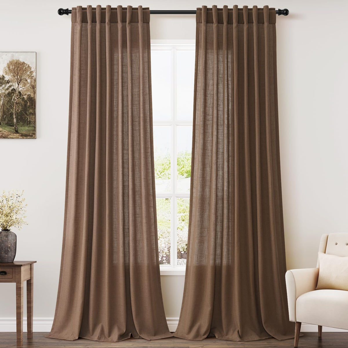 2 Panels Set Cream Linen Curtains 95 inches Long for Living Room Extra Long Back Tab Curtains Neutral Farmhouse Light Filtering Semi Sheer Linen Drapes Ceiling to Floor for Large Window Ivory