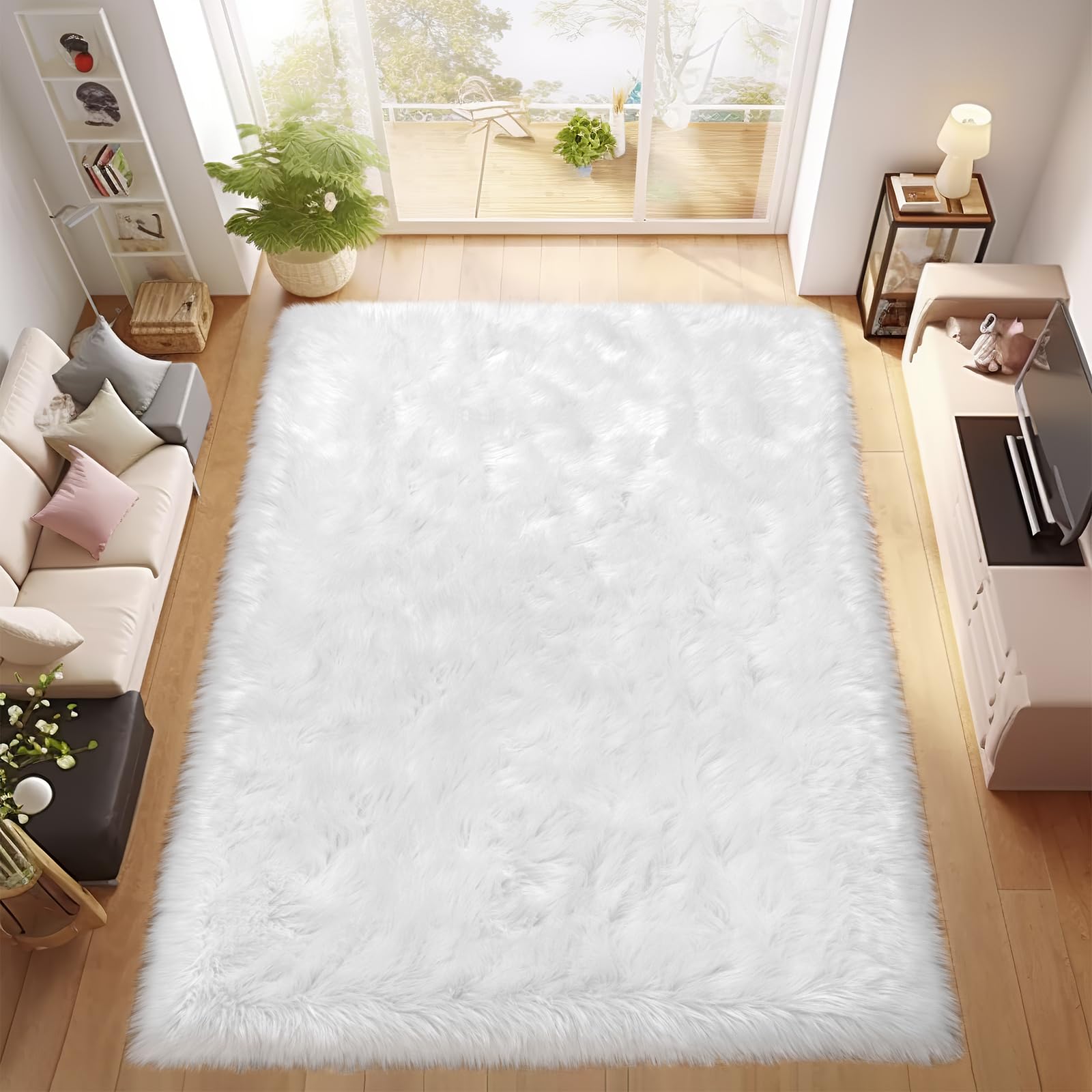 Ciicool 5 x 8 Feet Fluffy Faux Fur Area Rug White Faux Sheepskin Furry Rugs