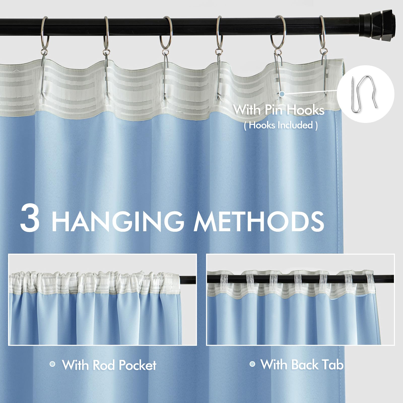 MIULEE Sky Blue Back Tab Blackout Curtains 52x72 Inches Long 2 Panels Set