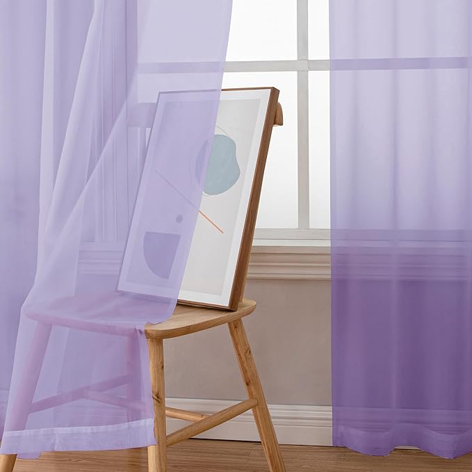 OWENIE Light Purple Sheer Curtains 54 Inch Length 2 Panels Set, Rod Pocket Voile Sheer Curtains & Drapes for Bedroom/Living Room, Soft Sheer Short Curtains for Windows, Total 84Wx54L inch, Lavender