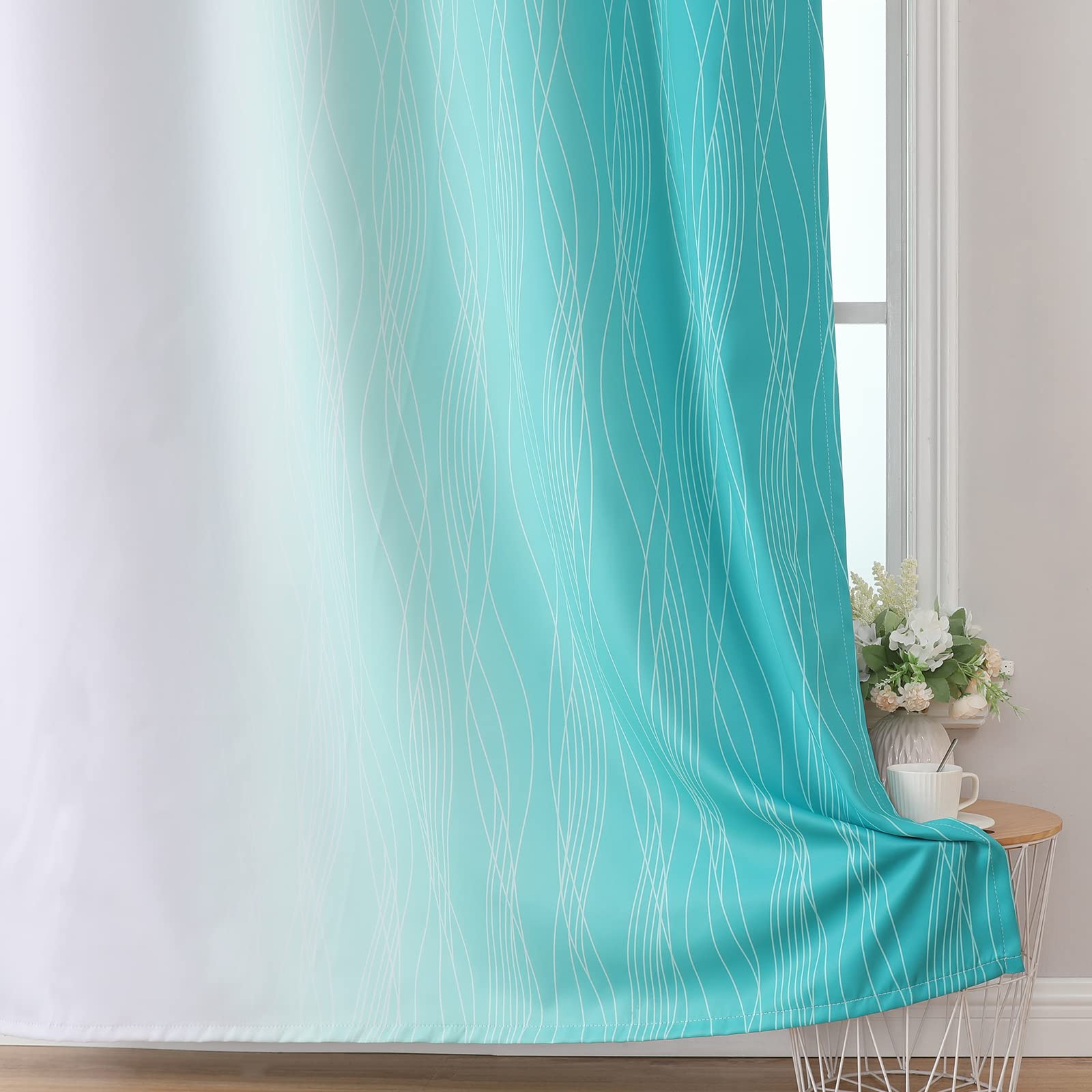 Teal and Grayish White Ombre Blackout Curtains for Living Room 84 Inch Long