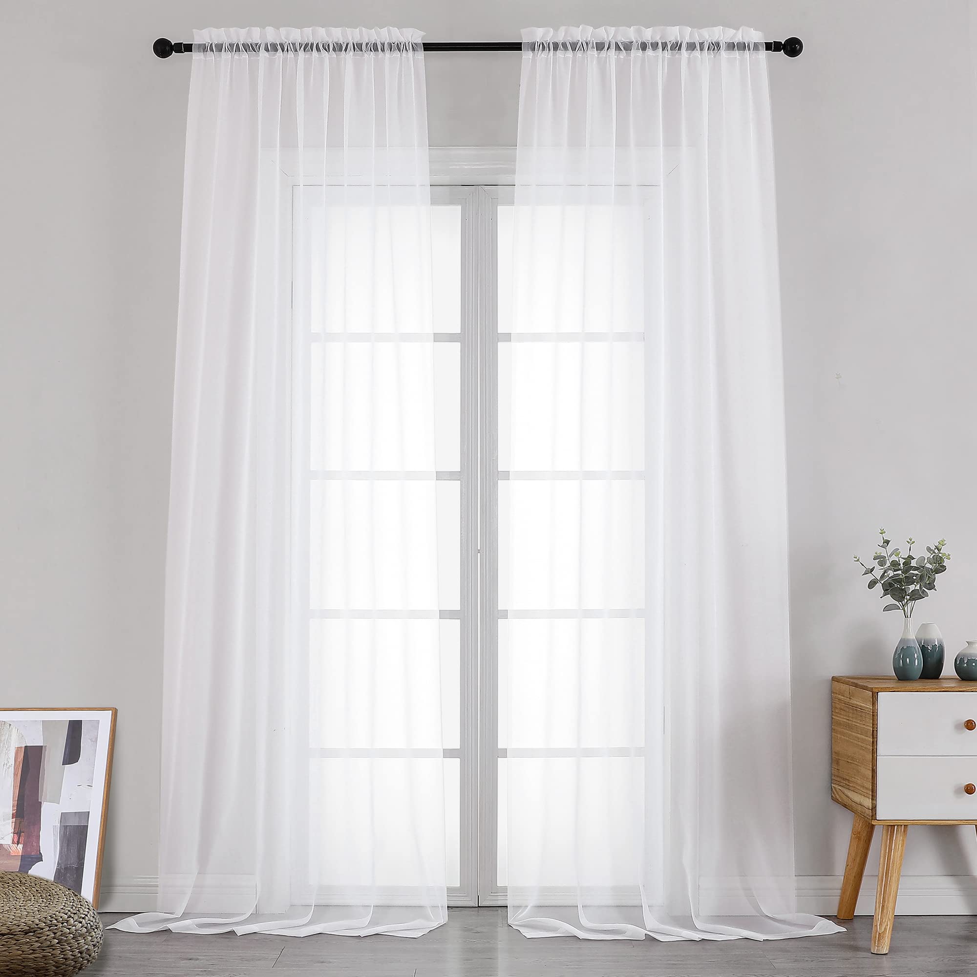 Simplebrand Sheer White Curtains 120 Inches Long, Extra Long Rod Pocket Solid Color Window Sheer Curtain Panels, Elegant Curtains & Drapes for Living Room, Bedroom 2 Panels (White, 2x42x120'')
