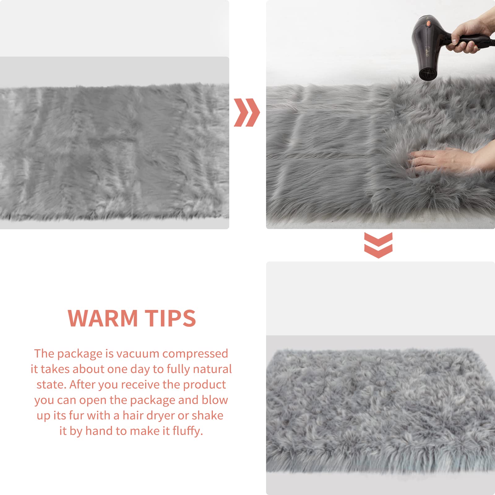 Ciicool Fluffy Area Rug, 4x6 ft Grey Faux Fur Rug for Bedroom Living Room
