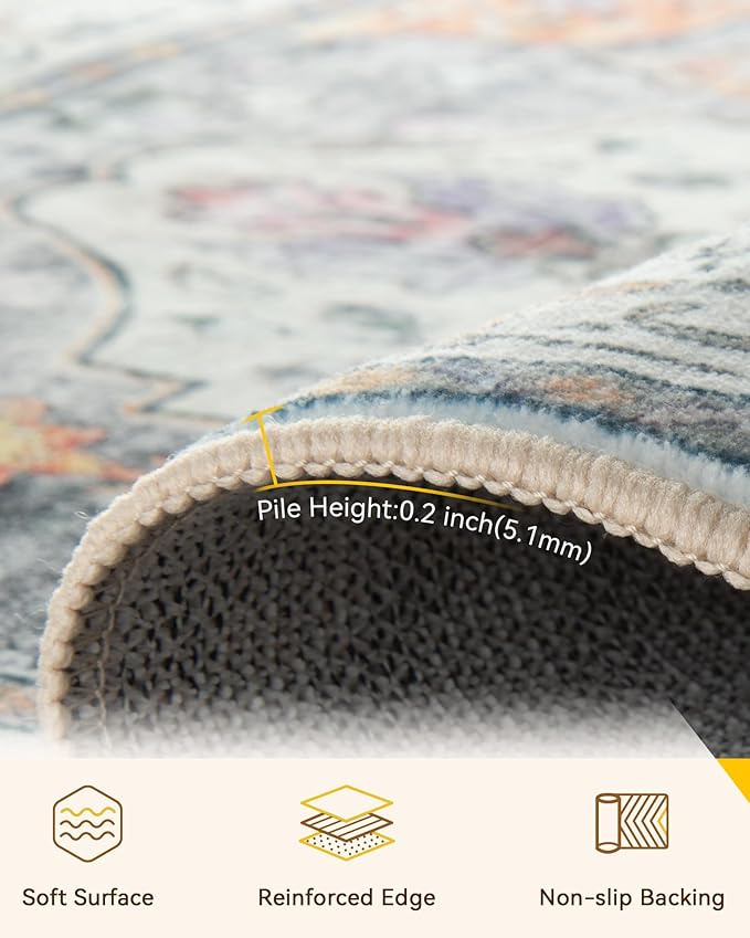 RELEANY Area Rugs Square 8ft Washable Non-Slip, Floral Vintage Distress Print Pattern Medallion Carpet for Living Room Bedroom Dining Room, Light Yellow Carbon Grey Orange