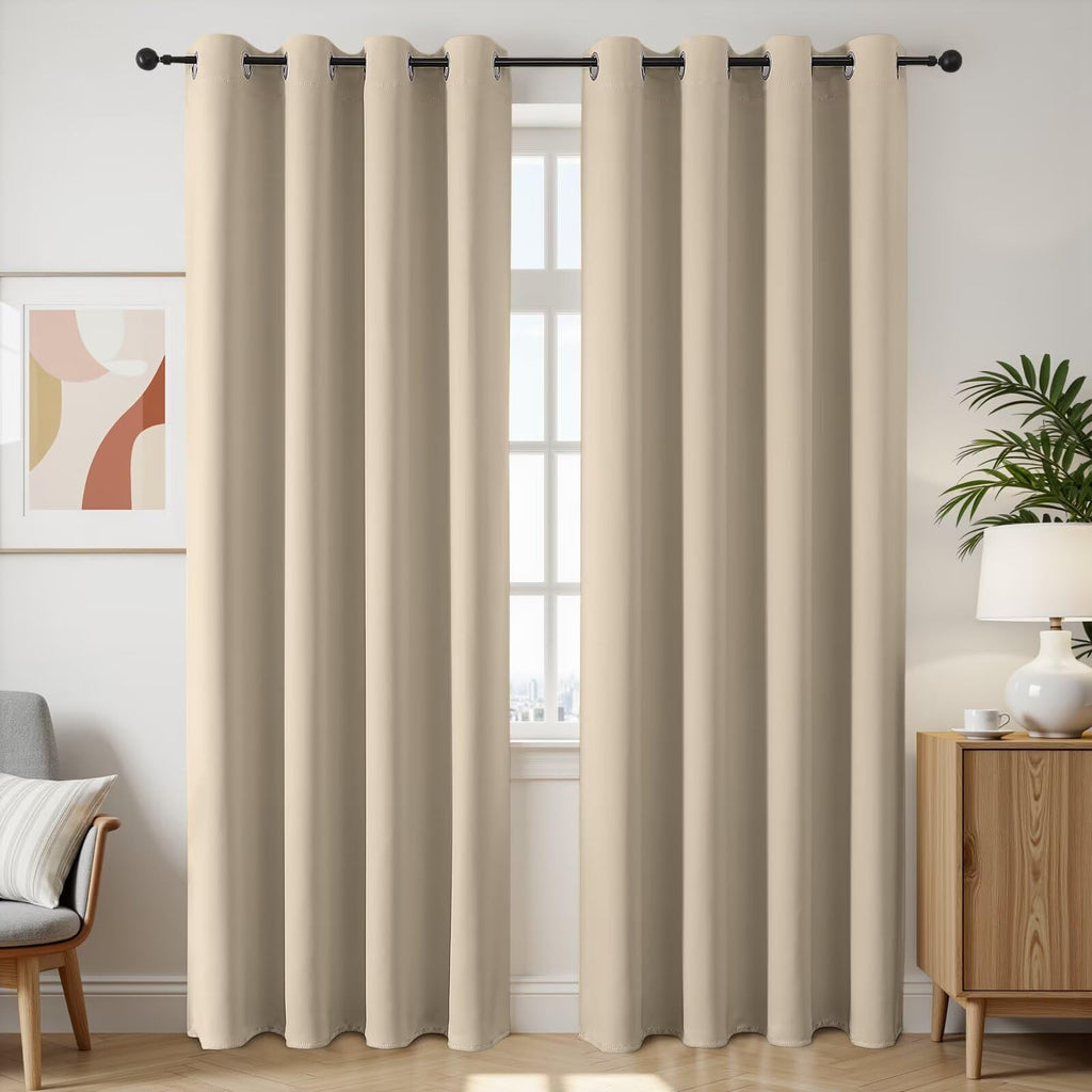 Joydeco Blackout Curtains 90 Inch Length 2 Panels Set, Thermal Insulated Long Curtains& Drapes 2 Burg, Room Darkening Grommet Drapes for Bedroom Living Room Window (Light Beige, W52 x L90 Inch)