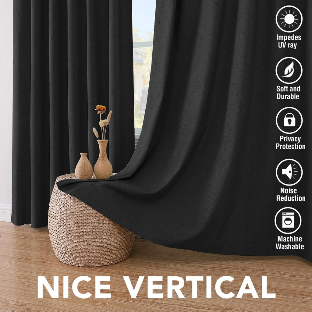 H.VERSAILTEX 100% Blackout Curtains for Bedroom Thermal Insulated Linen Textured Curtains Heat and Full Light Blocking Drapes Living Room Curtains 2 Panel Sets, Black, 52x72 Inch