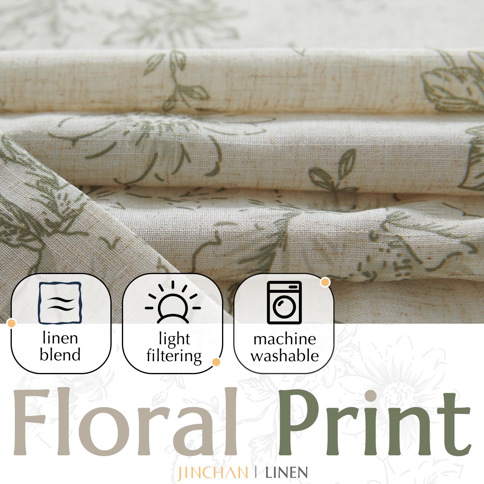jinchan Green Floral Linen Light Filtering Curtains for Living Room 63 Inches Long