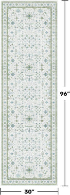 Hazo Haus Oushak Wide Hallway Runner Rug 2'6"x8' - Vintage Turkish Floral, Washable Low Pile Non Slip Extra Long Runners for Kitchen, Hall Way - Cream Blue and Green