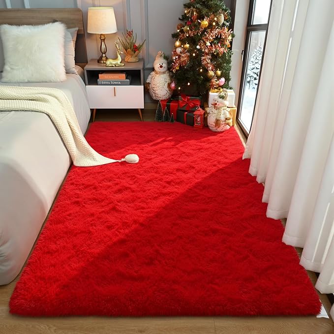 Amearea Shag Fluffy Area Rug for Bedroom Girls Living Room, Extra Soft and Fuzzy Shaggy Rugs, Non Slip, Solid Color Carpet Mat for Boys Nursery Home, Red 6x9 Feet