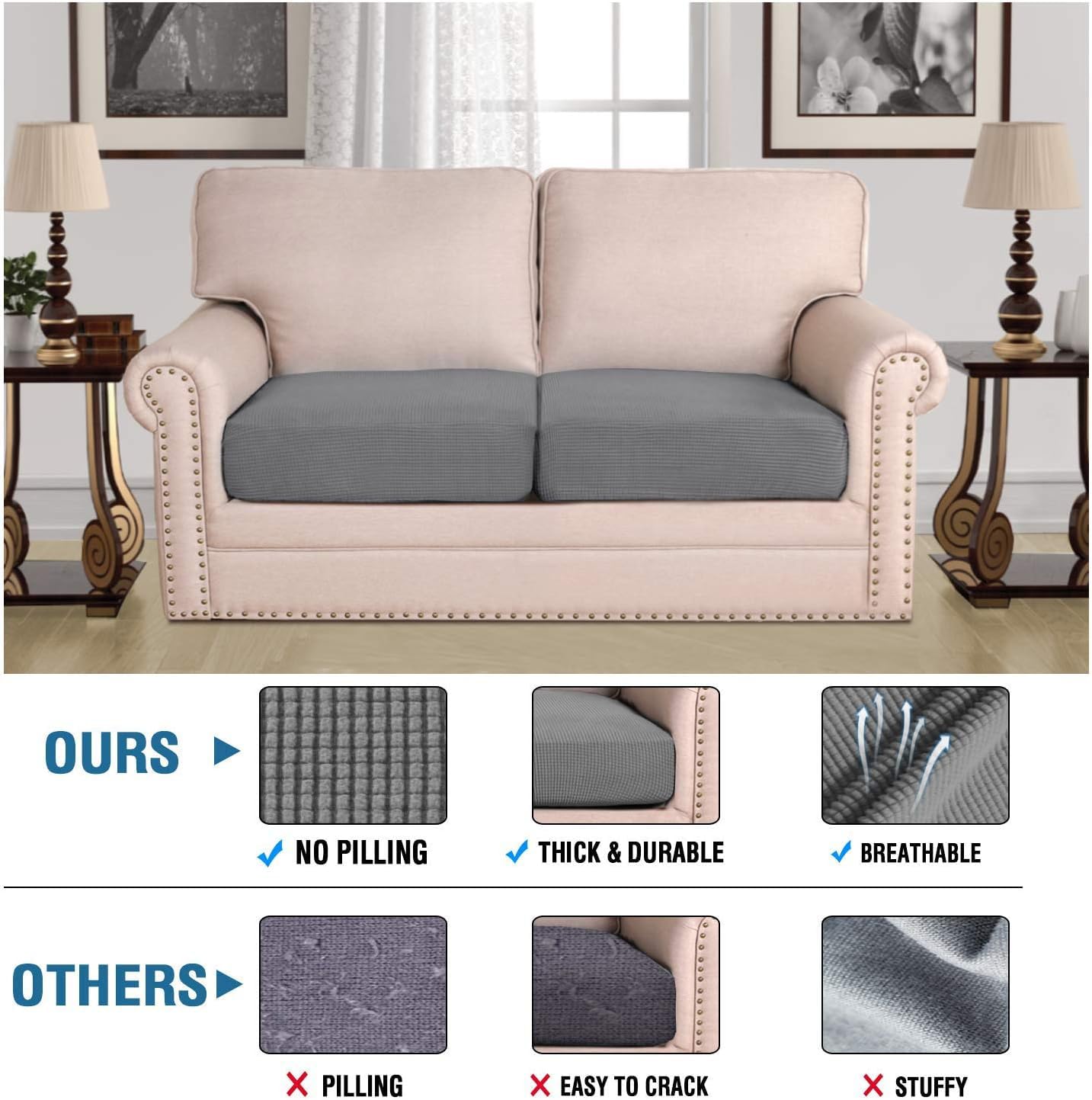 H.VERSAILTEX Super Stretch Individual Seat Cushion Covers Sofa Couch Slipcover Sets Thick Jacquard Textured Twill Fabric (2 Piece Medium Covers, Grey)