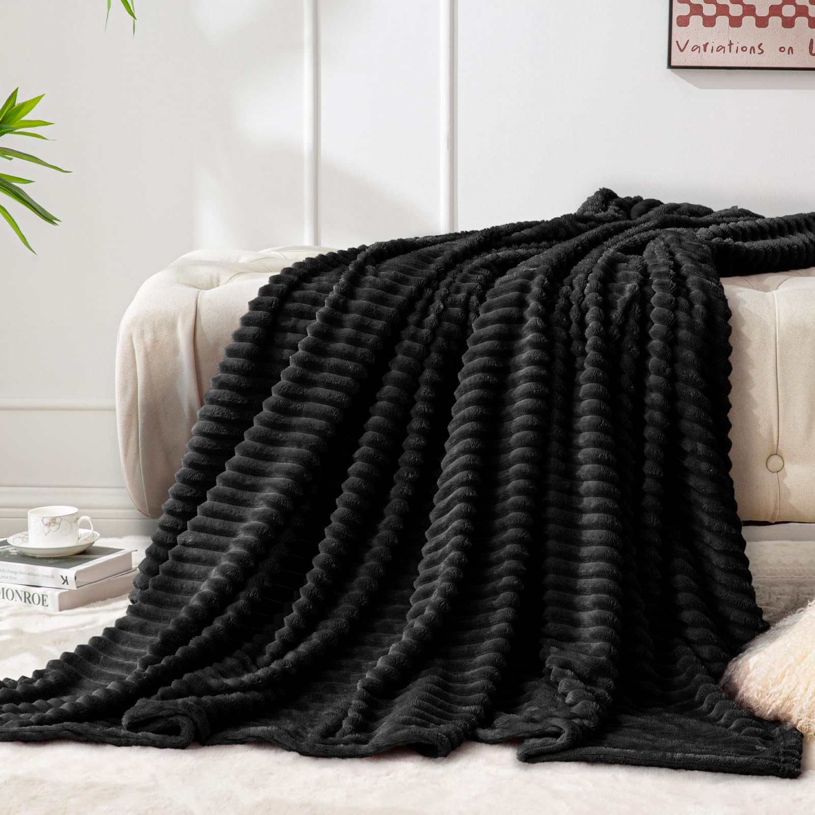 BEDELITE Ribbed Jacquard Black Fleece Throw Blanket for Couch, 50x70 Inch