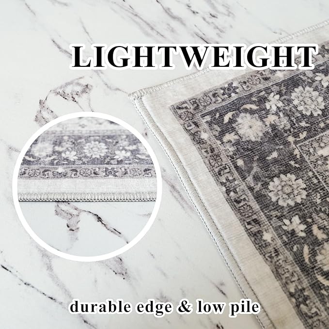 Washable 2x3 Entryway Area Rug: Vintage Soft Thin Door Mat with Non Slip Backing Water Resistant Carpet for Bedroom Low Pile Floor Mat for Kitchen Bathroom Laundry Easy Clean Rug for Family(2x3,Grey)