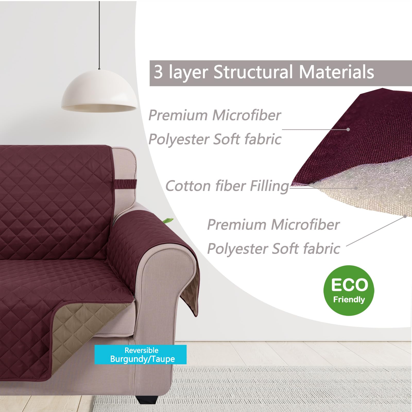U-NICE HOME Loveseat Sofa Cover for 2 Cushion Couch, Burgundy/Tan
