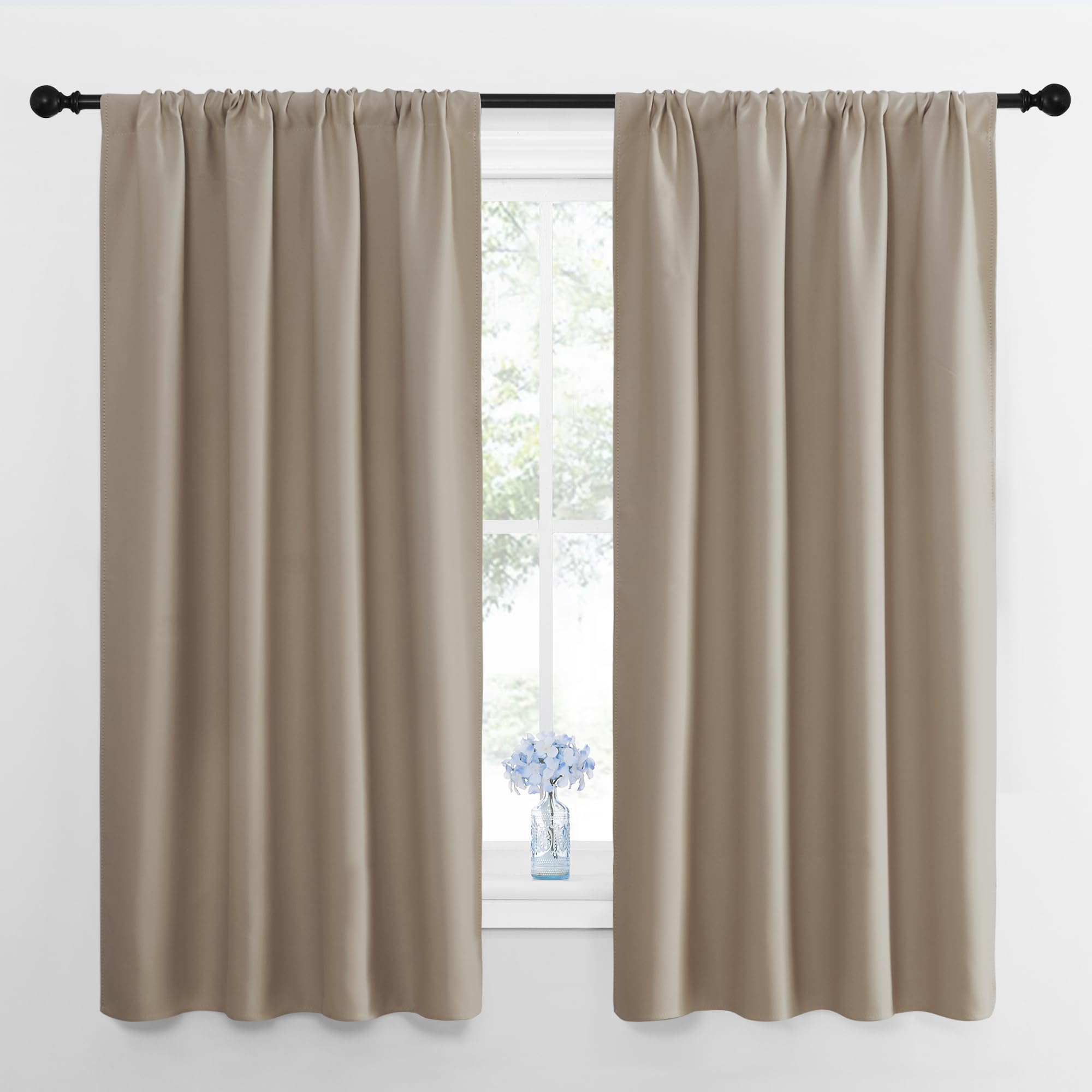 NICETOWN Window Curtains for Bedroom, Taupe, 2 Panels, W42 x L48 -Inch, Home Decoration Thermal Insulated Rod Pocket Blackout Blinds & Drapes for Small Windows