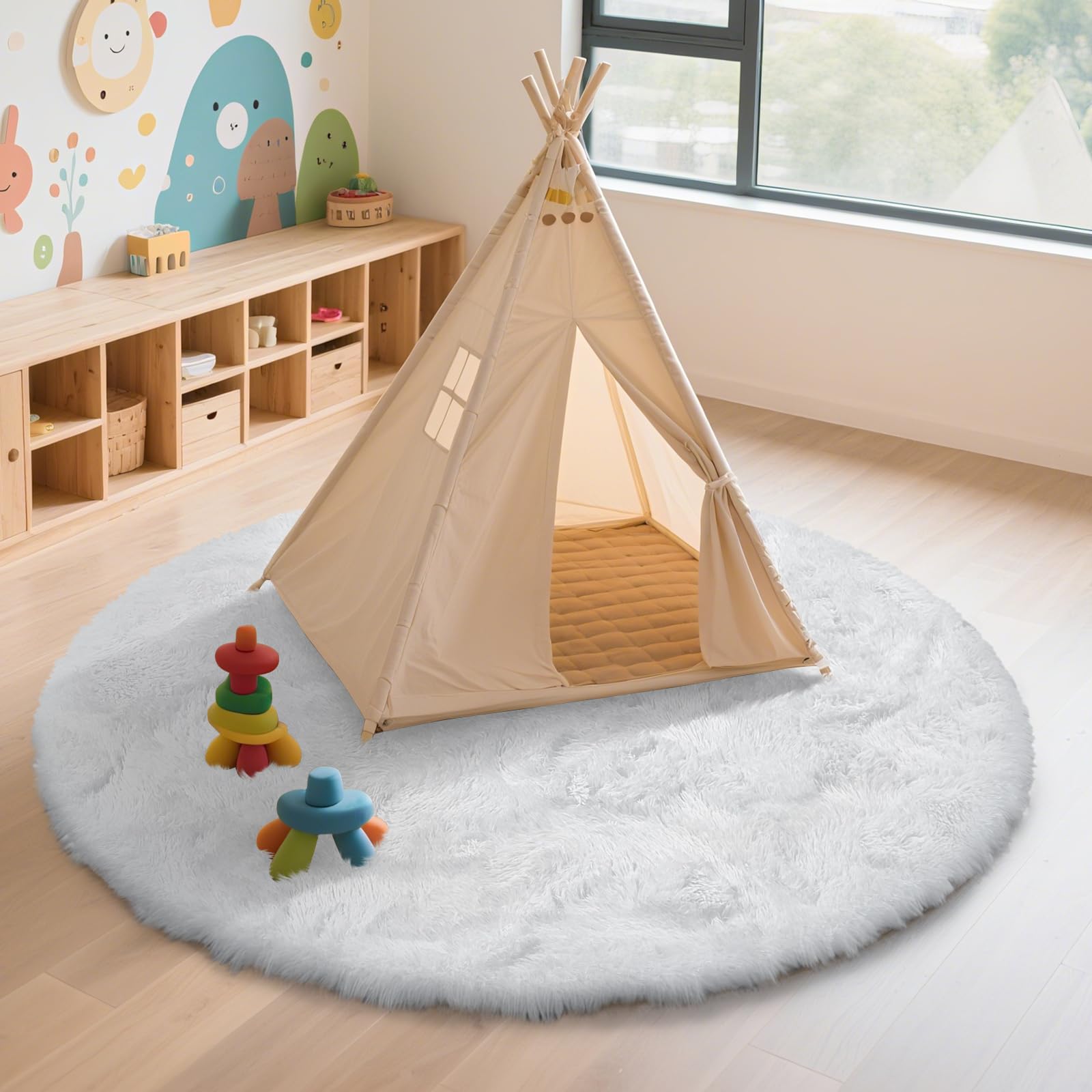 White Fluffy Round Area Rugs for Bedroom,6'X6'Shag Circle Small Area Rugs
