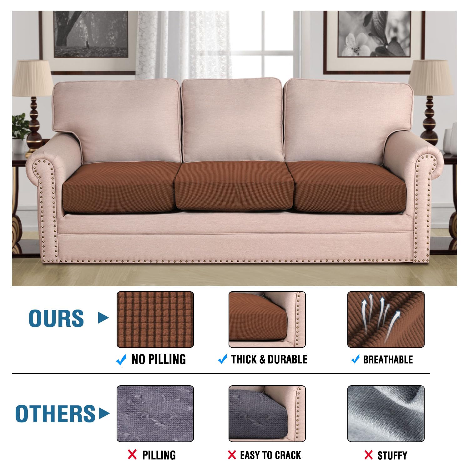 H.VERSAILTEX Super Stretch Individual Seat Cushion Covers - Sofa & Couch Cushion Slipcover Sets - Thick Jacquard Textured Twill Fabric (3 Piece XL Sofa Cushion Covers, Caramel)
