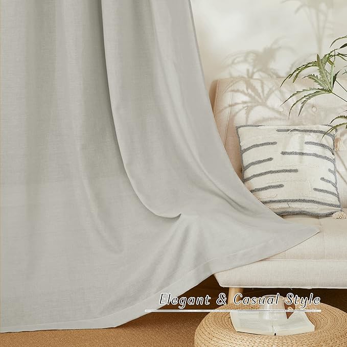 NICETOWN Thick Linen Blend Curtains Flax Textured for Bedroom, Rustic Grommet Semi Sheer Privacy Added Window Curtains & Drapes Light Filtering for Nursery, Gray, W42 x L63, Set of 2