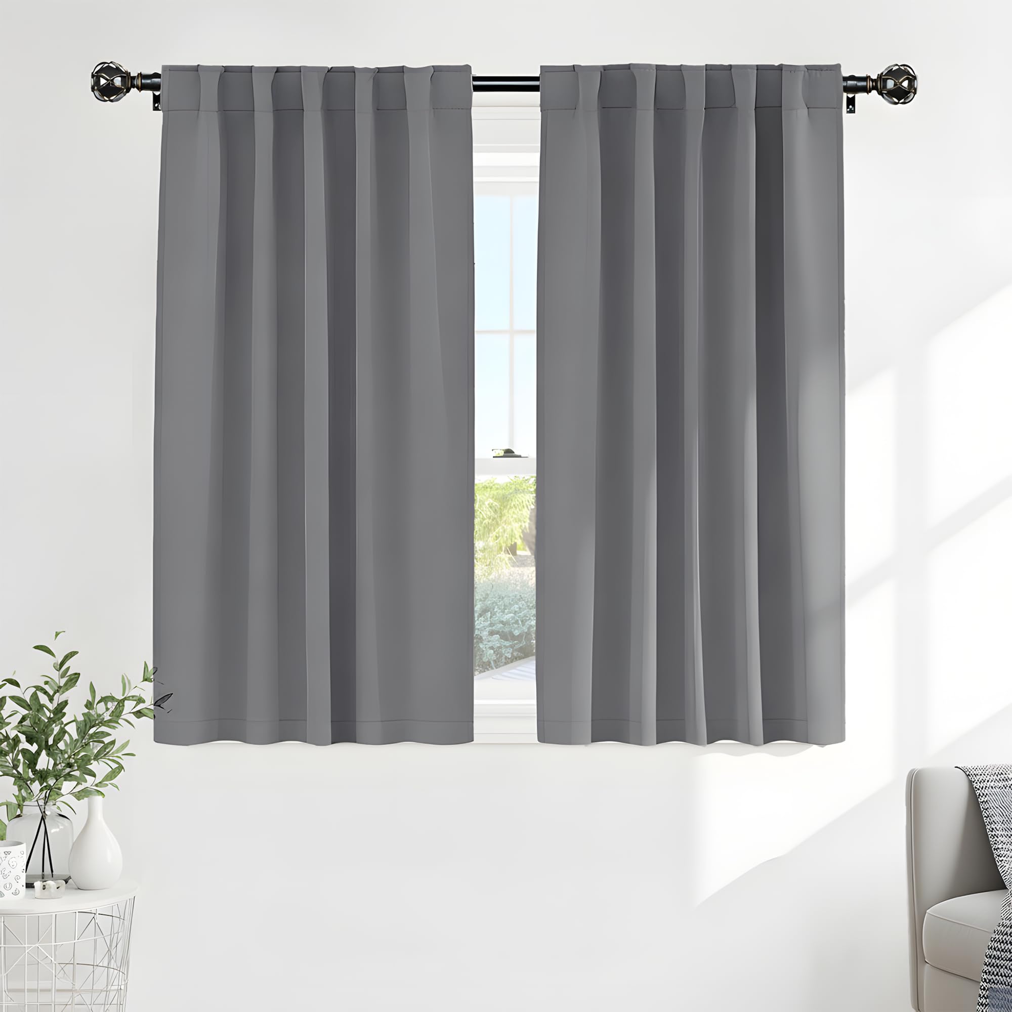 PONY DANCE Curtains 45 Inches Long - Light Block Drapes with Back Tabs & Rod Pocket Top Window Treatments Panels for Decoration, 52 x 45 Inches, Silver Grey, 2 PCs