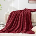 BEDELITE 3D Ribbed Burgundy Fleece Throw Blanket for Couch, 50x60 Inch