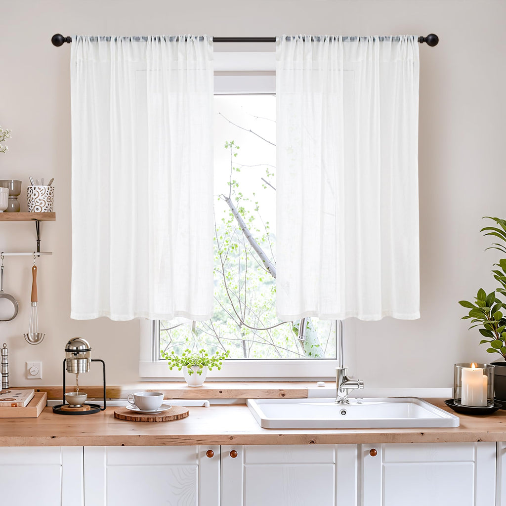 BGment 40 Inches Long White Linen Curtains for Kitchen Cafe Window