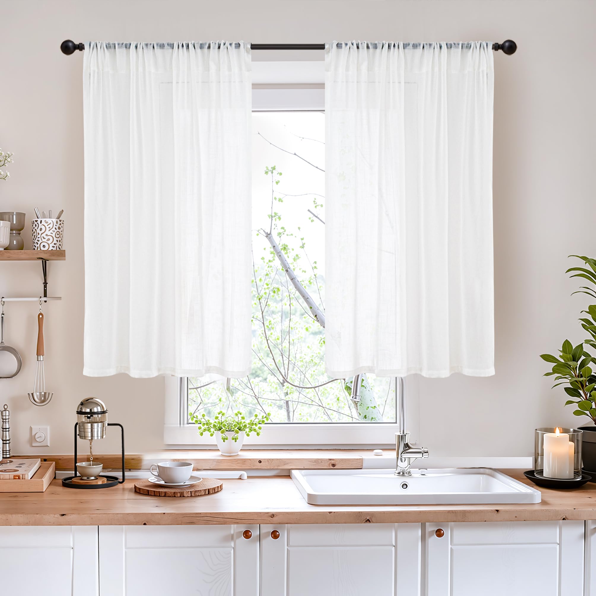BGment 40 Inches Long White Linen Curtains for Kitchen Cafe Window