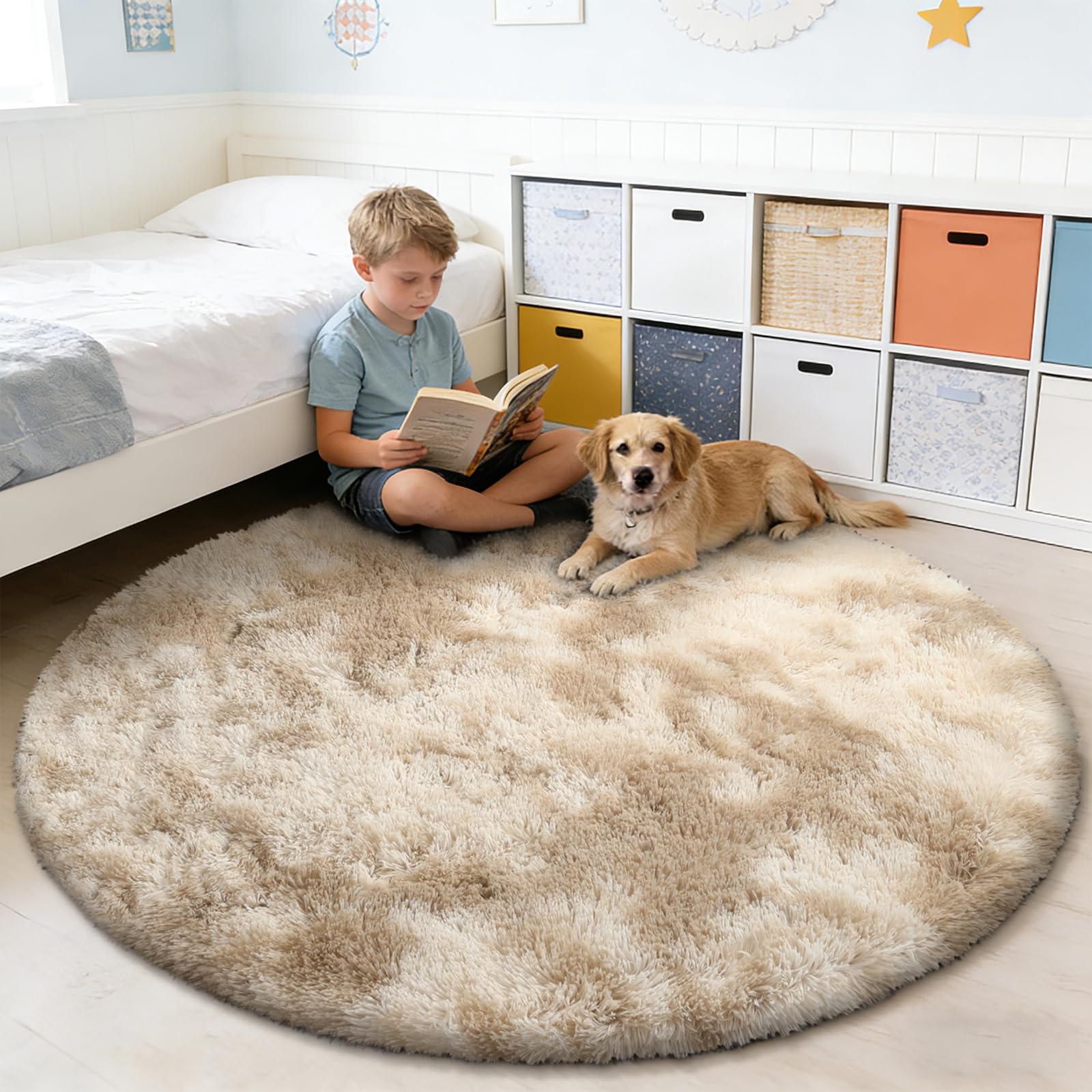 yulidayang Fluffy Round Rug,Small Area Rugs,Shaggy Rug 5'X5',Tie-Dyed Beige