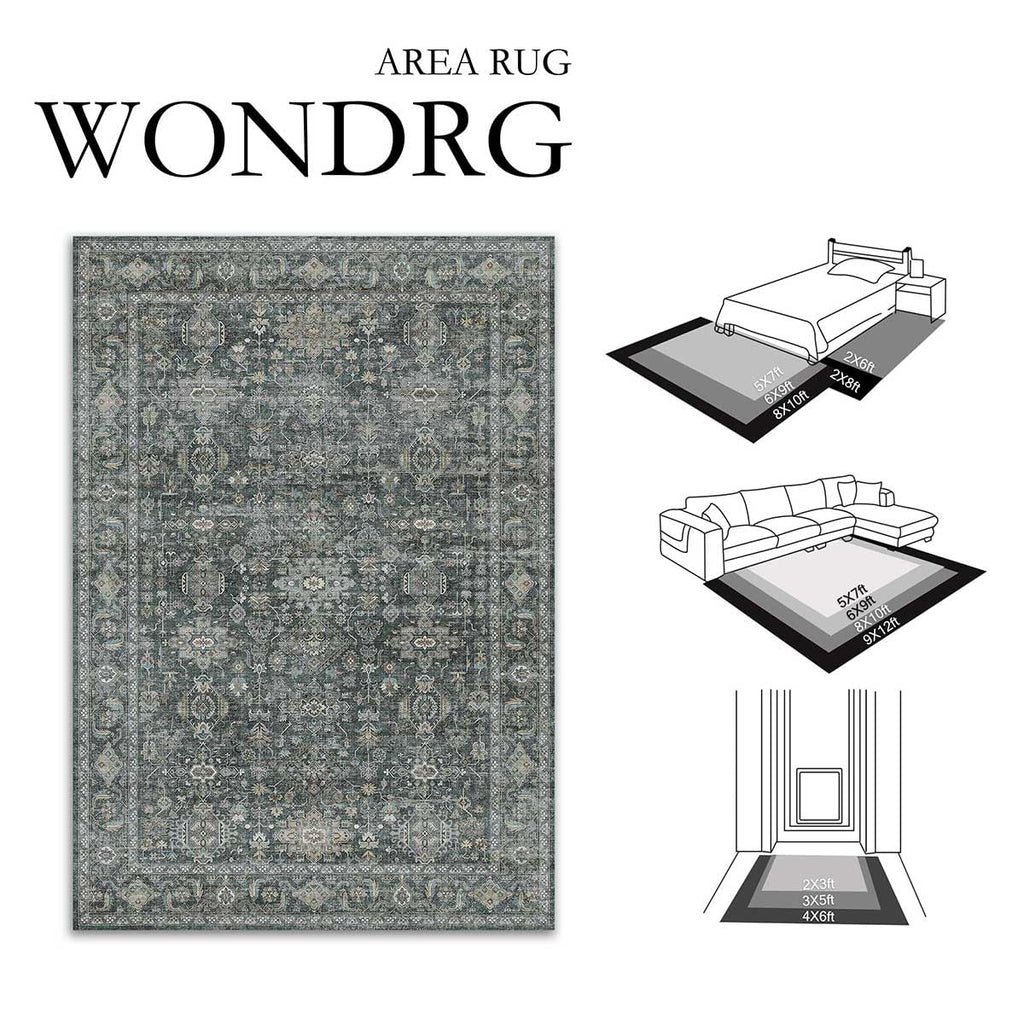 WondRg 6x9 Washable Area Rug for Living Room Bedroom Vintage Black Grey Carpet Soft Low Pile Traditional Retro Non Slip Throw Rug for Dining Room Entryway Indoor Dorm Kitchen
