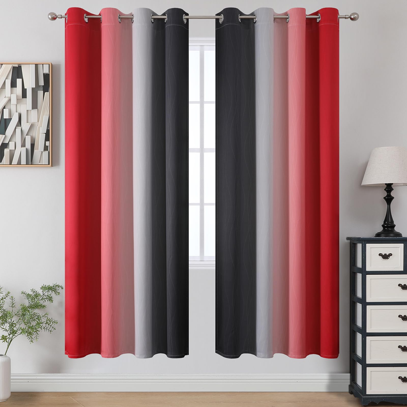 Estelar Textiler Red and Black Ombre Blackout Bedroom Curtains 72 Inch Long