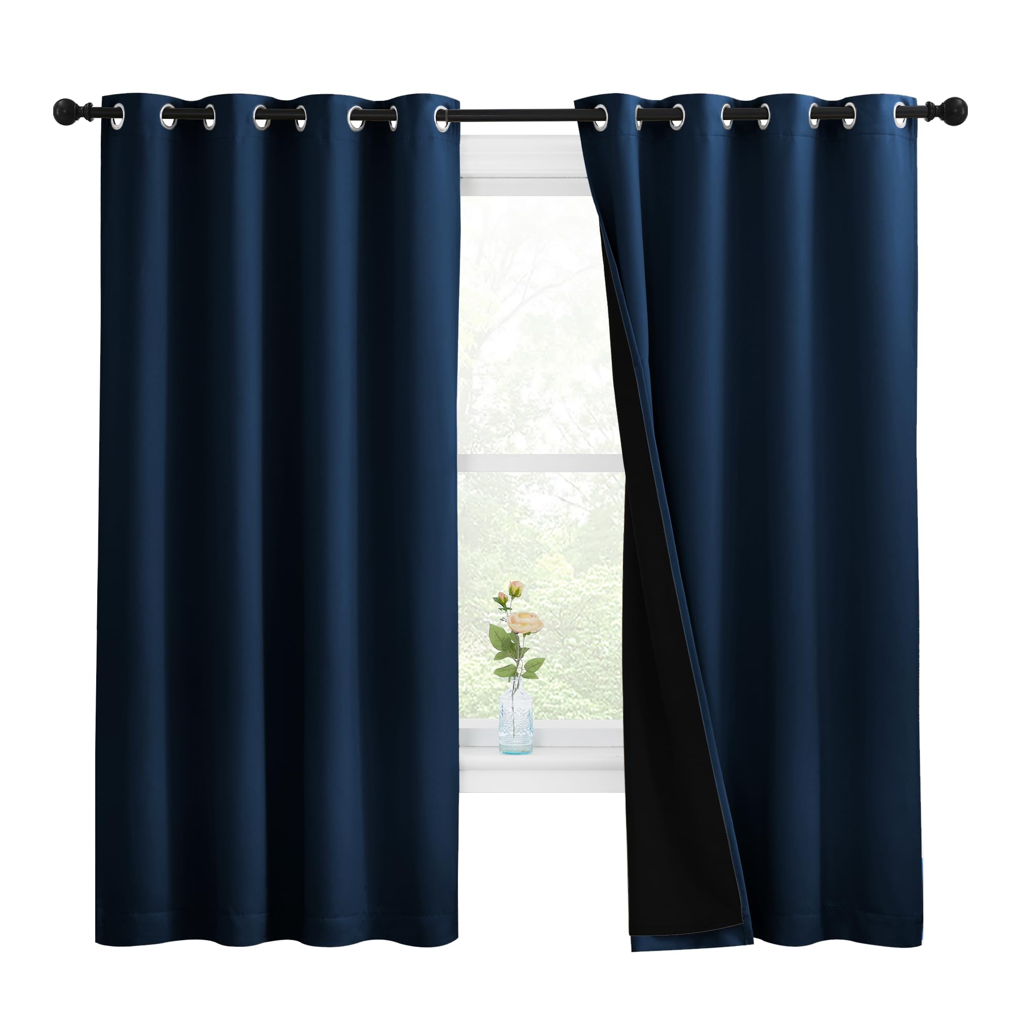 NICETOWN 100% Blackout Curtains with Black Liners, Thermal Insulated Full Blackout 2-Layer Lined Drapes, Energy Efficiency Window Draperies for Bedroom (Moroccan Blue, 2 Panels, 55" W by 68" L)