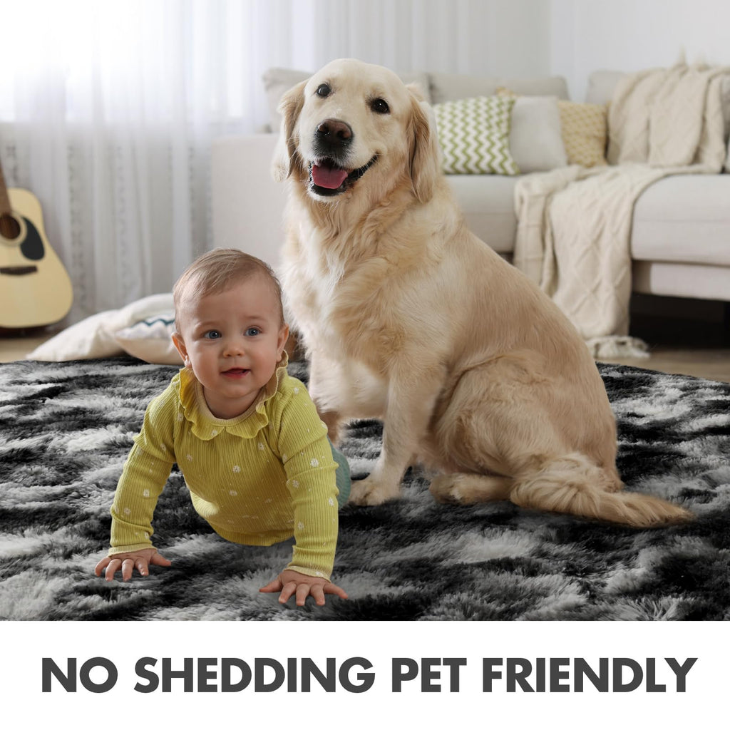 4x6 Ft Shag Area Rug for Bedroom Living Room, Tie-Dyed Ultra Soft Fluffy Furry Rugs for Indoor Floor, Aesthetic Carpet for Kids Home Decor (Black Grey)