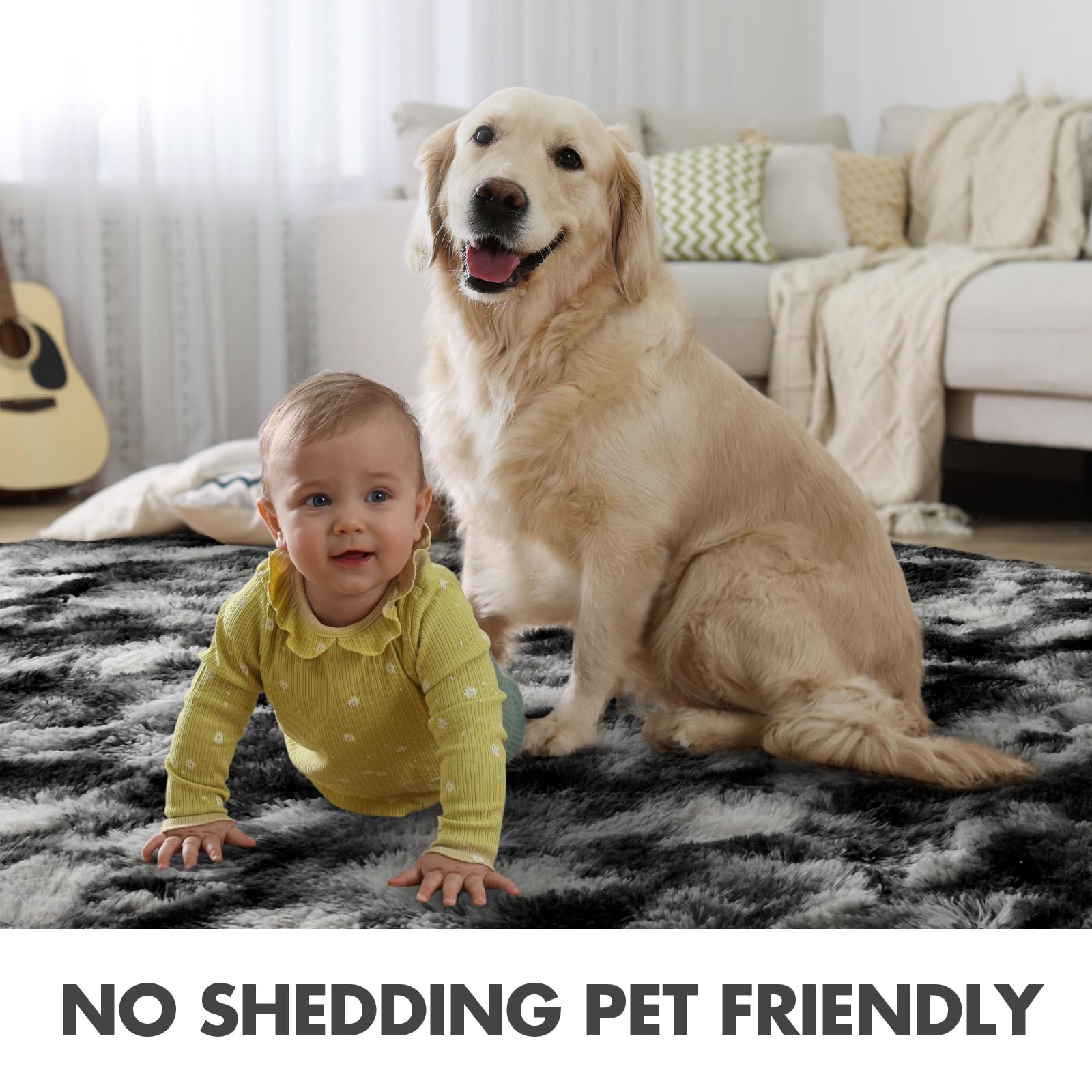 4x6 Ft Shag Area Rug for Bedroom Living Room, Tie-Dyed Ultra Soft Fluffy Furry Rugs for Indoor Floor, Aesthetic Carpet for Kids Home Decor (Black Grey)