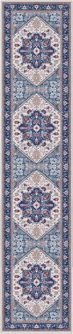 OPPODREAM Soft Entryway Rug 2x10, 2x10 Rug Runner, Washable Hallways Carpet 2 x 10 with Non Slip Backing, Low-Pile Bedside Carpet 2 x 10, Long, Faux Cashmere, Navy Blue & Red & Cream