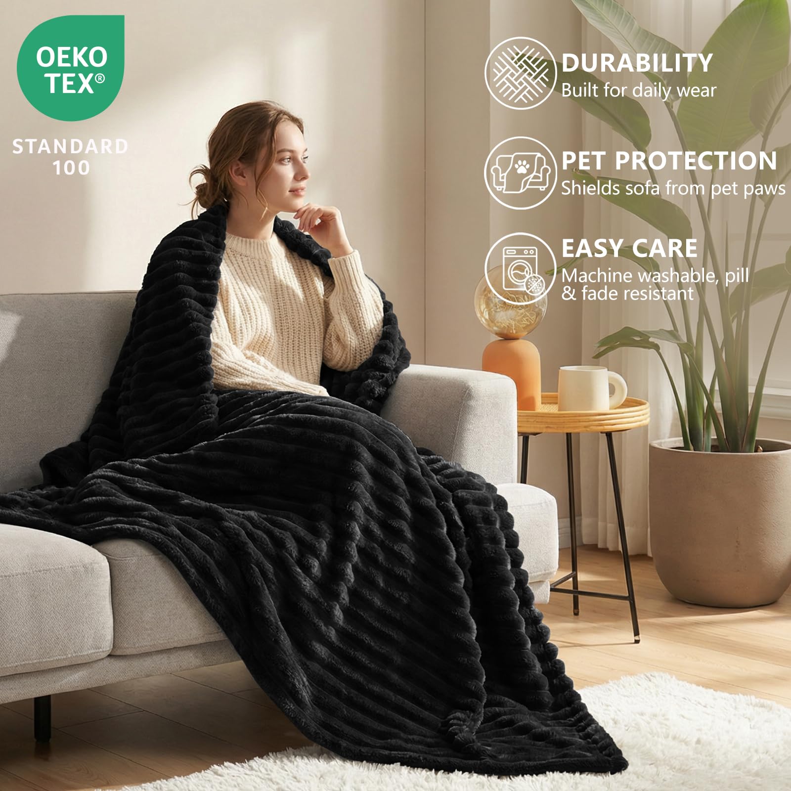 HIMEET Black King Size Blanket for Bed, 300GSM Ribbed Fleece, 108 x 90 in