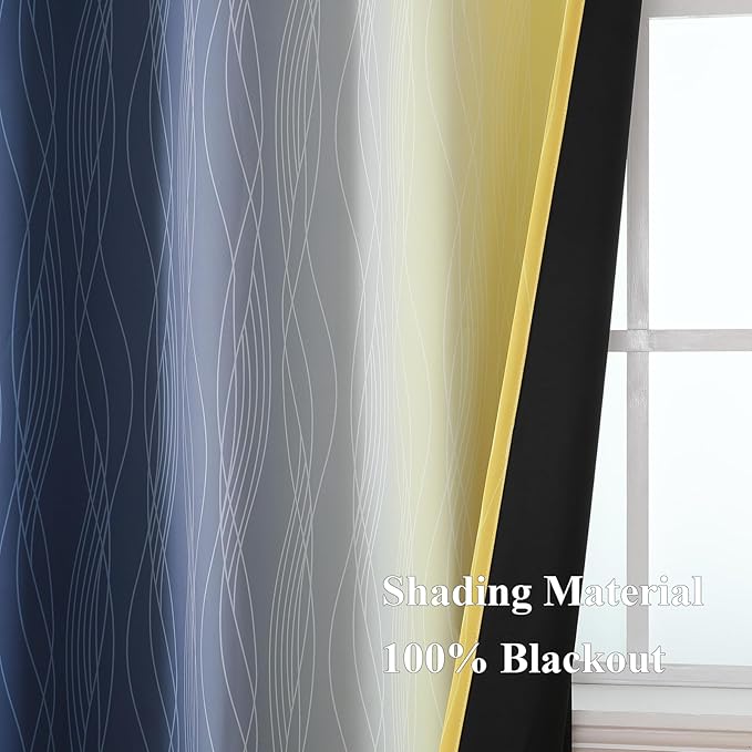 Estelar Textiler Navy Blue and Yellow Gradient Blackout Curtains for Bedroom, Thermal Insulated Ombre Blackout Drapes, Full Room Darkening Energy Saving Curtains for Living Room,52Wx84L,2 Panels