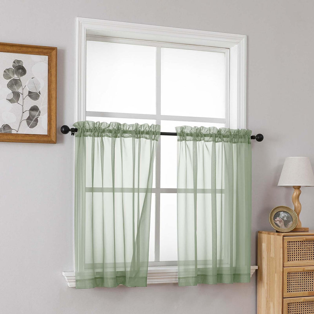 Ebesto Sage Green Small Sheer Curtains Tier 24 Inches Length 2 Pieces, Light Filtering Cafe Curtains for Living Room Bathroom, Modern Window Treatments Dual Rod Pocket Panels, 2X42Wx24L Inches