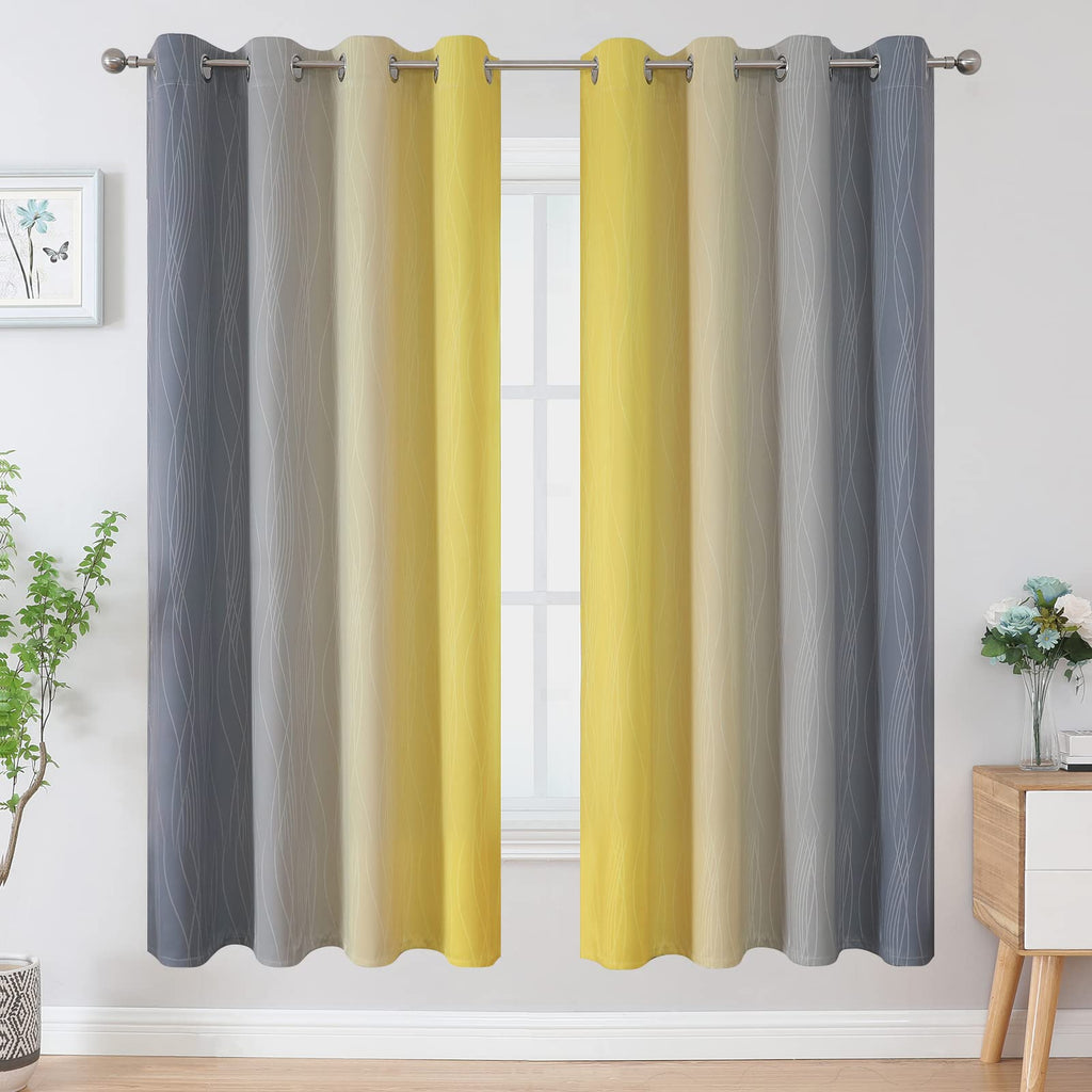 Grey and Yellow Ombre Blackout Curtains for Living Room 52Wx72L Inch Length