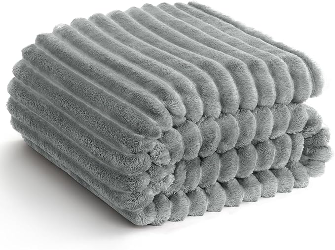 HIMEET Grey King Size Blanket for Bed, 300GSM Ribbed Fleece, 108 x 90 in