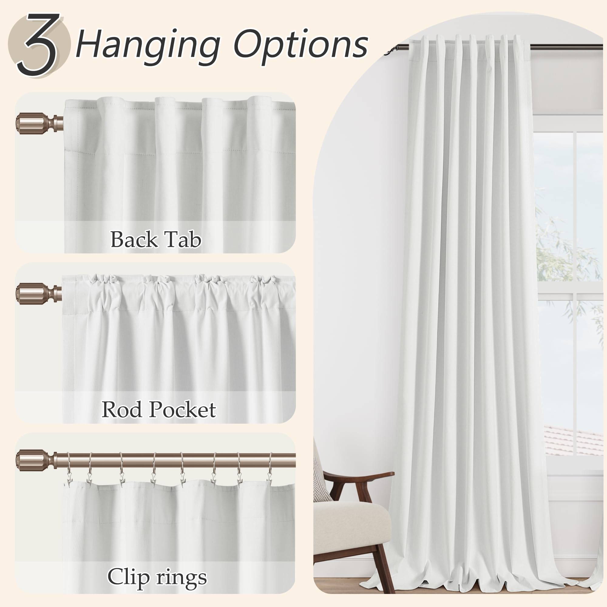 Guken 100% Blackout Linen Curtains 112 Inch Long by 52 Inch Wide 2 Panels Set for Living Room Bedroom Back Tab Thermal Insulated Black Out Linen Drapes Room Darkening Window Curtains
