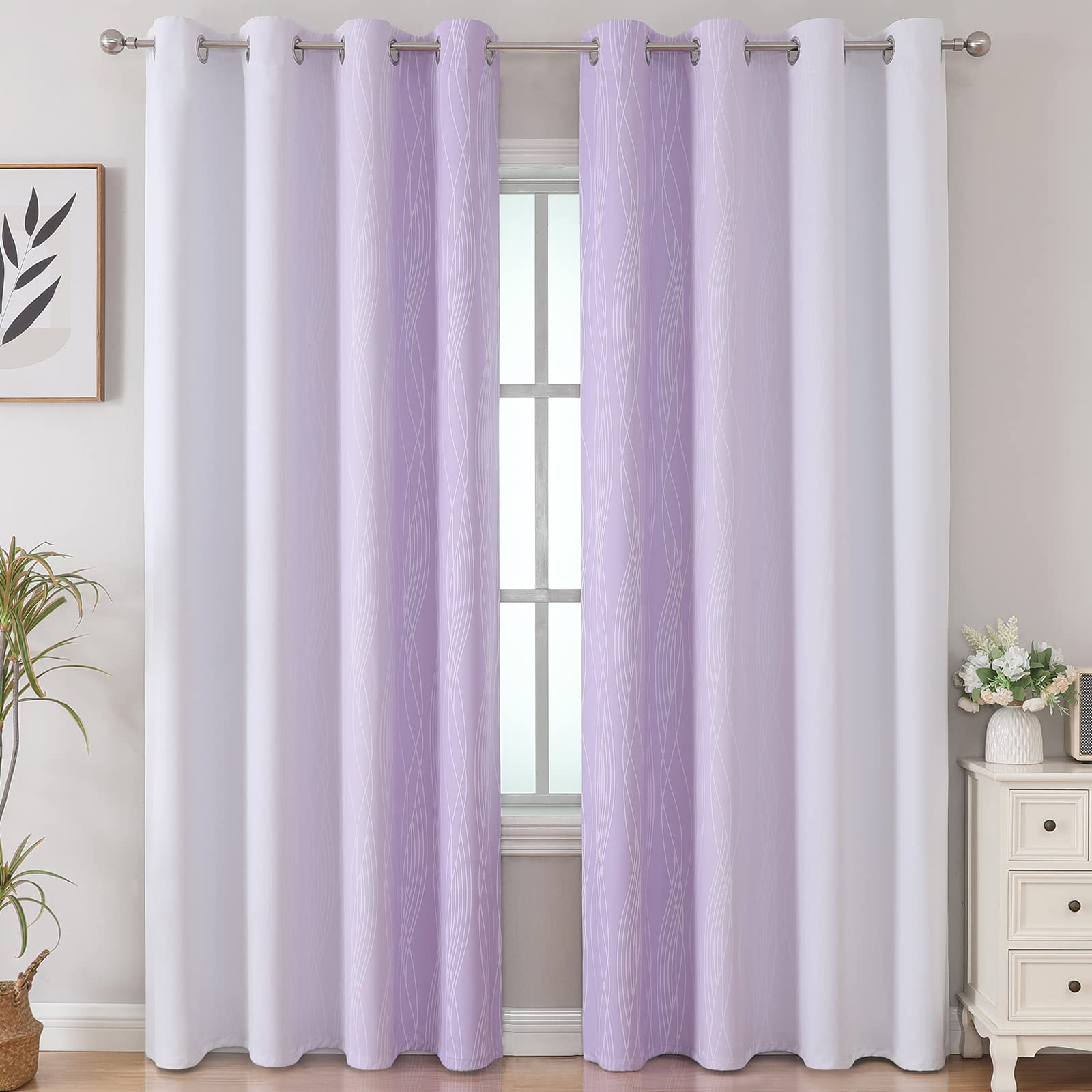 Lilac and Greyish White Ombre Blackout Curtains Living Room 102 Inch Long