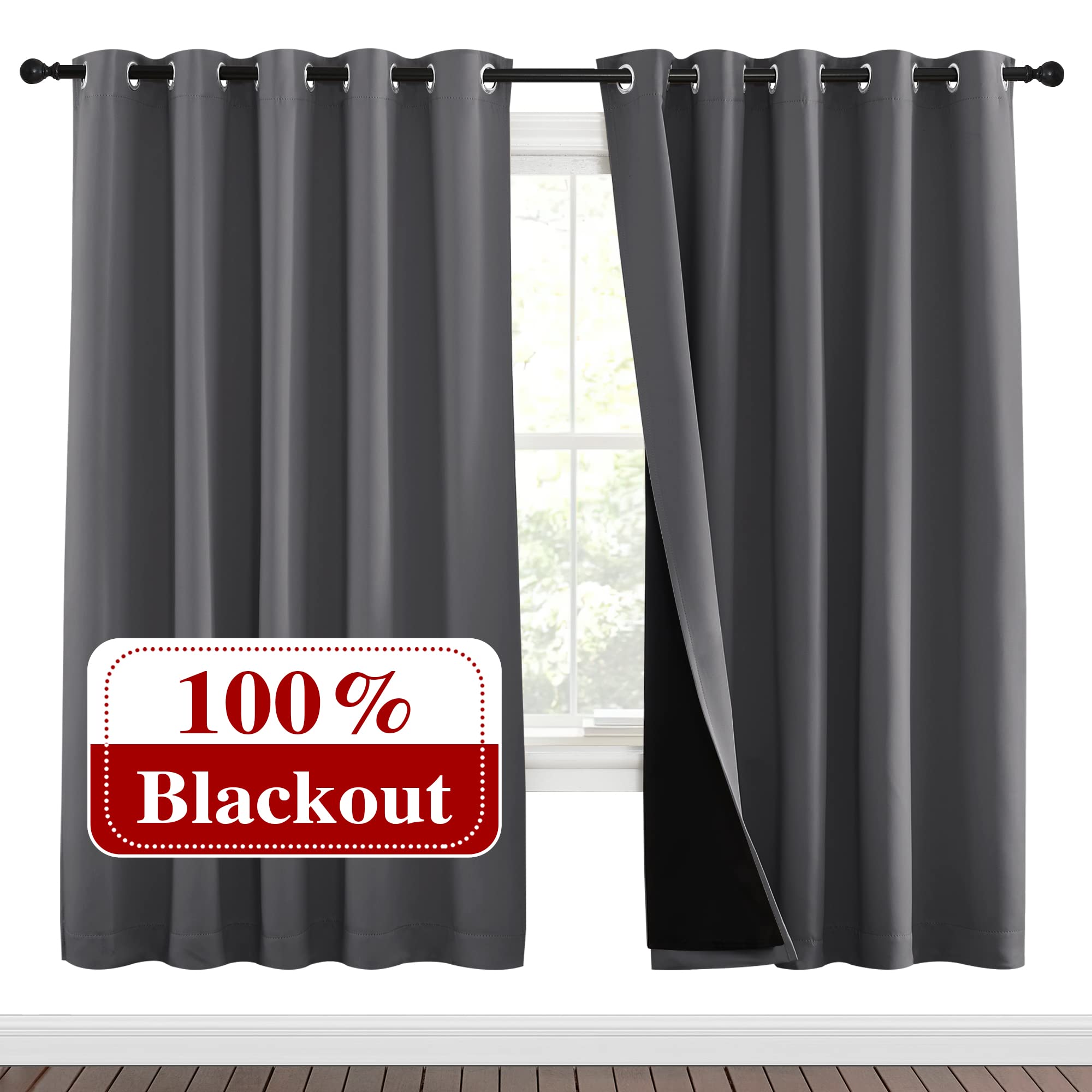 NICETOWN Grey Full Shade Curtain Panels, Pair of Energy Smart & Noise Blocking Out Blackout Drapes for Dining Room Window, Thermal Insulated Guest Room Lined Window Dressing(Gray, 70 x 72 inch)