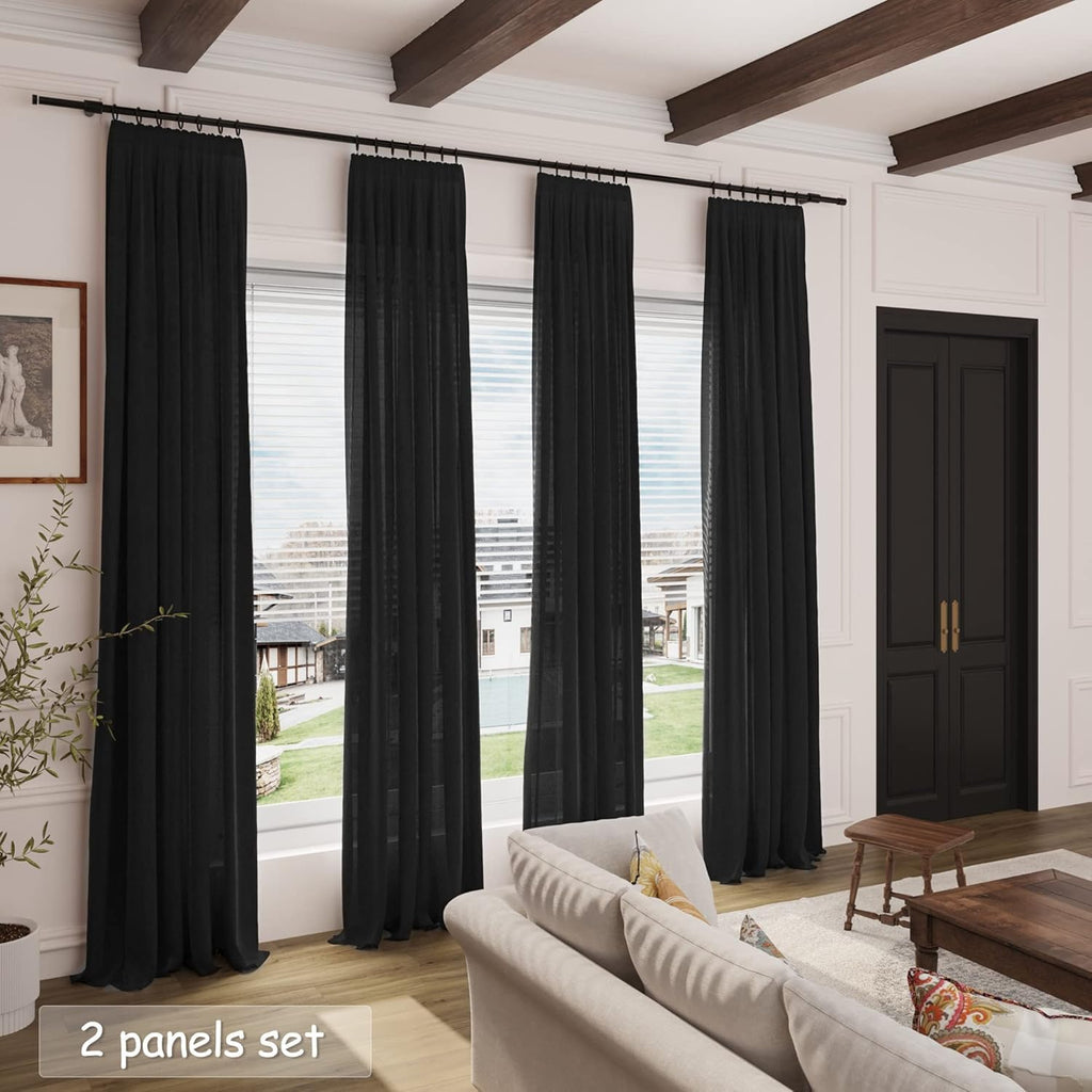 Nanspring Black Linen Curtains 90 Inches Long for Living Room Back Tab and Rod Pocket Semi Sheer Privacy Curtains Simple Modern Cotton Textured Curtain for Bedroom 70x90,2 Panel