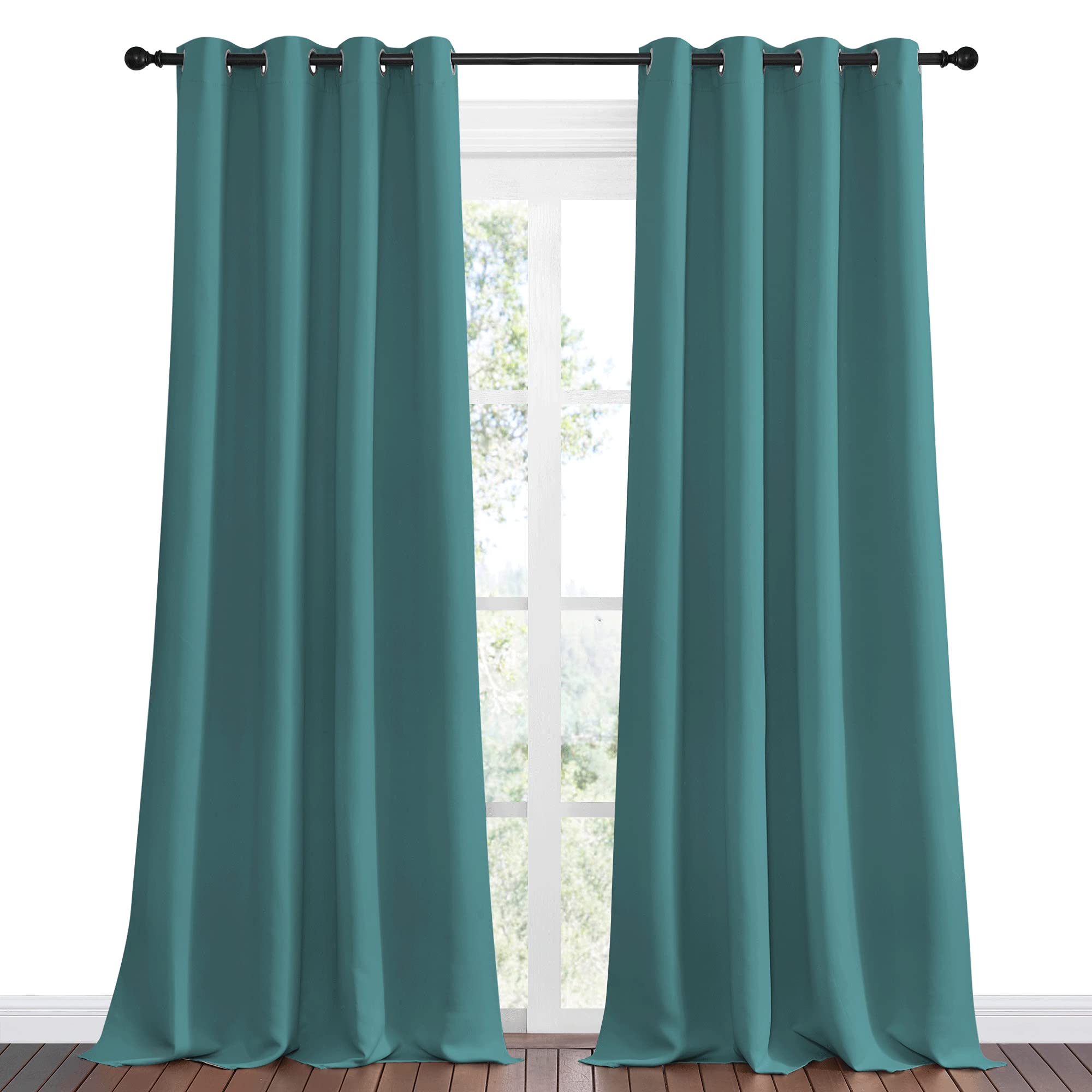 NICETOWN Blackout Curtains for Kids Room - Triple Weave Microfiber Home Thermal Insulated Solid Ring Top Blackout Panels/Drapes for Bedroom(Sea Teal, Set of 2, 55 x 96 Inch)