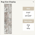 Runner Rug 2x12 Washable Non-Slip Hallway Runner Rugs for Kitchen Bathroom Laundry Room Pink/Grey Vintage Floor Carpet Runners for Hallways Entryway