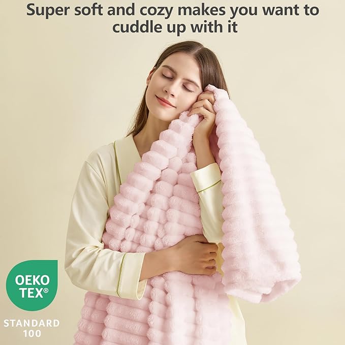 HIMEET Pink Queen Size Blanket for Bed, 300GSM Ribbed Fleece, 90 x 90 in