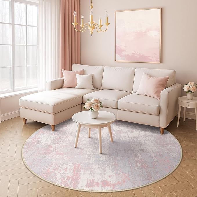 RELEANY Washable Round 8ft Area Rug for Living Room Gray Pink